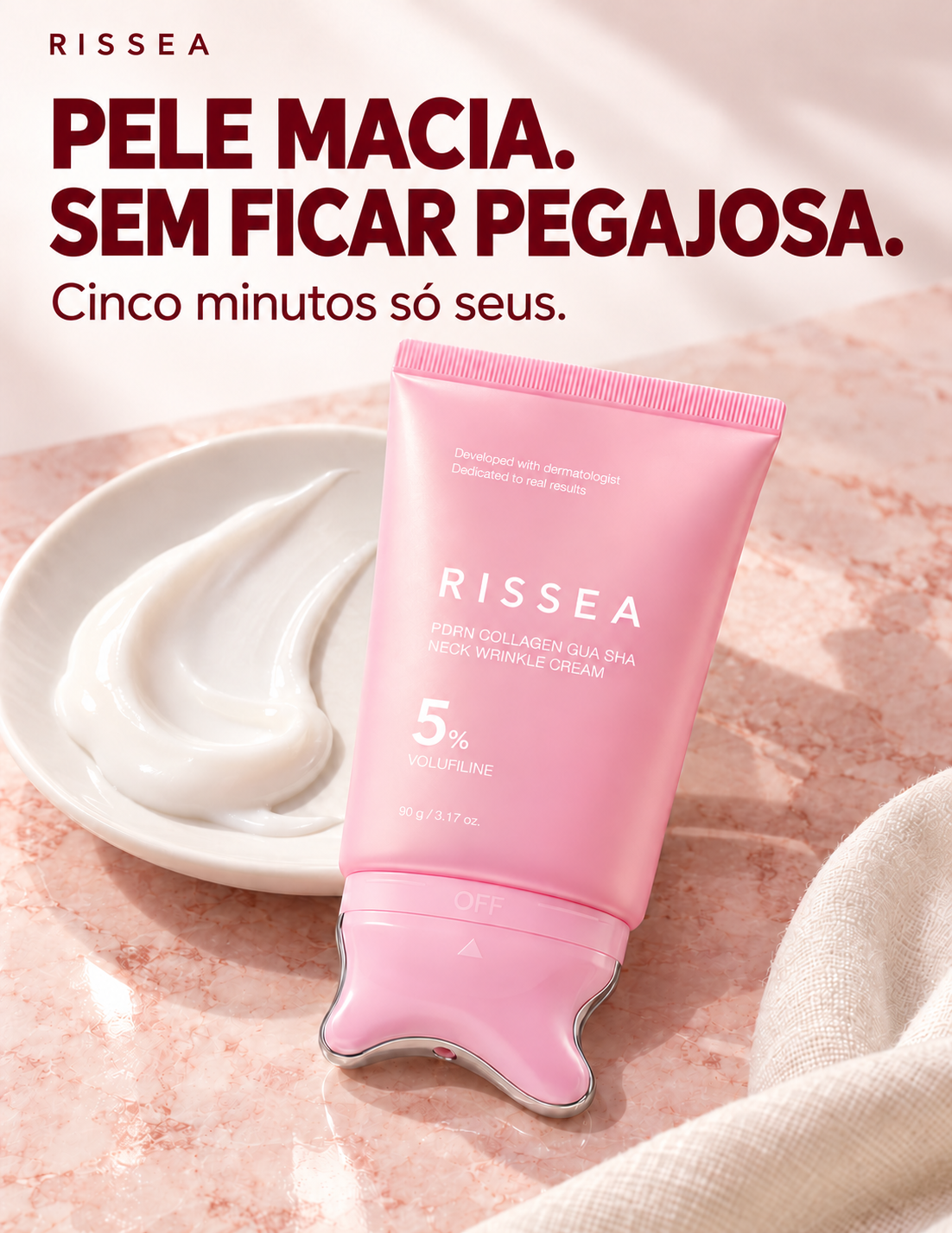 Textura leve do creme RISSEA para pele macia, sem sensação pegajosa
