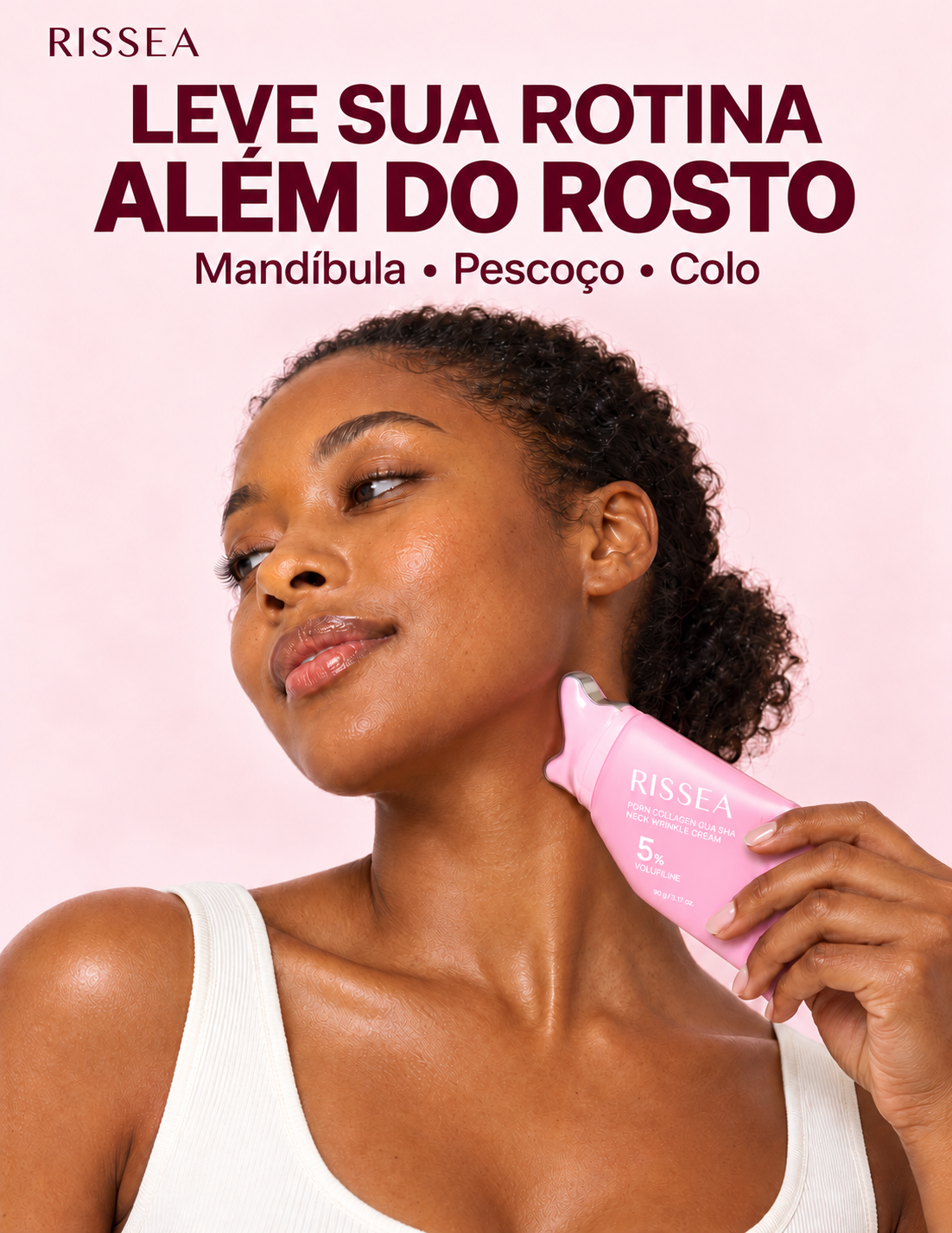 Aplicação do creme RISSEA com Gua Sha na mandíbula, no pescoço e no colo
