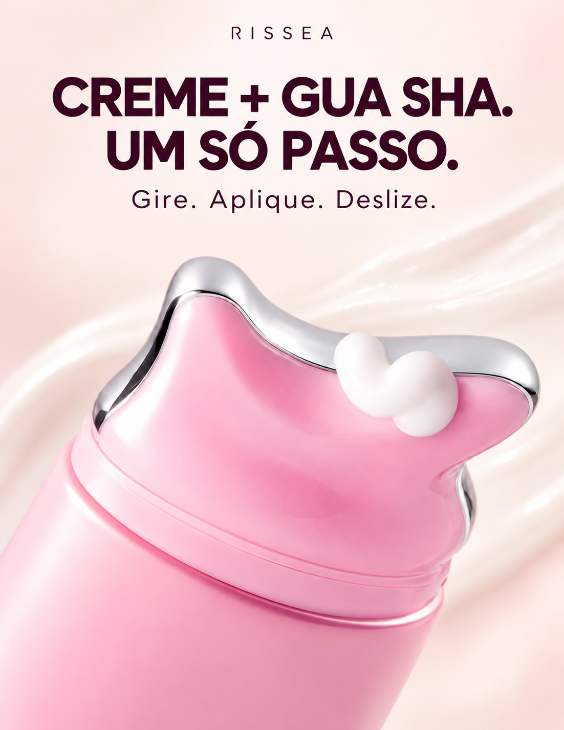 Aplicador curvo Gua Sha RISSEA com creme: gire, aplique e deslize em um só passo
